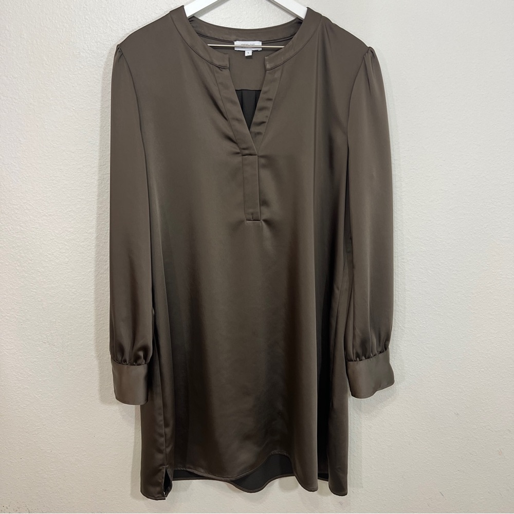 S’edge Brown Satin Shift Dress Long Sleeve V-Neck Career Midi size L